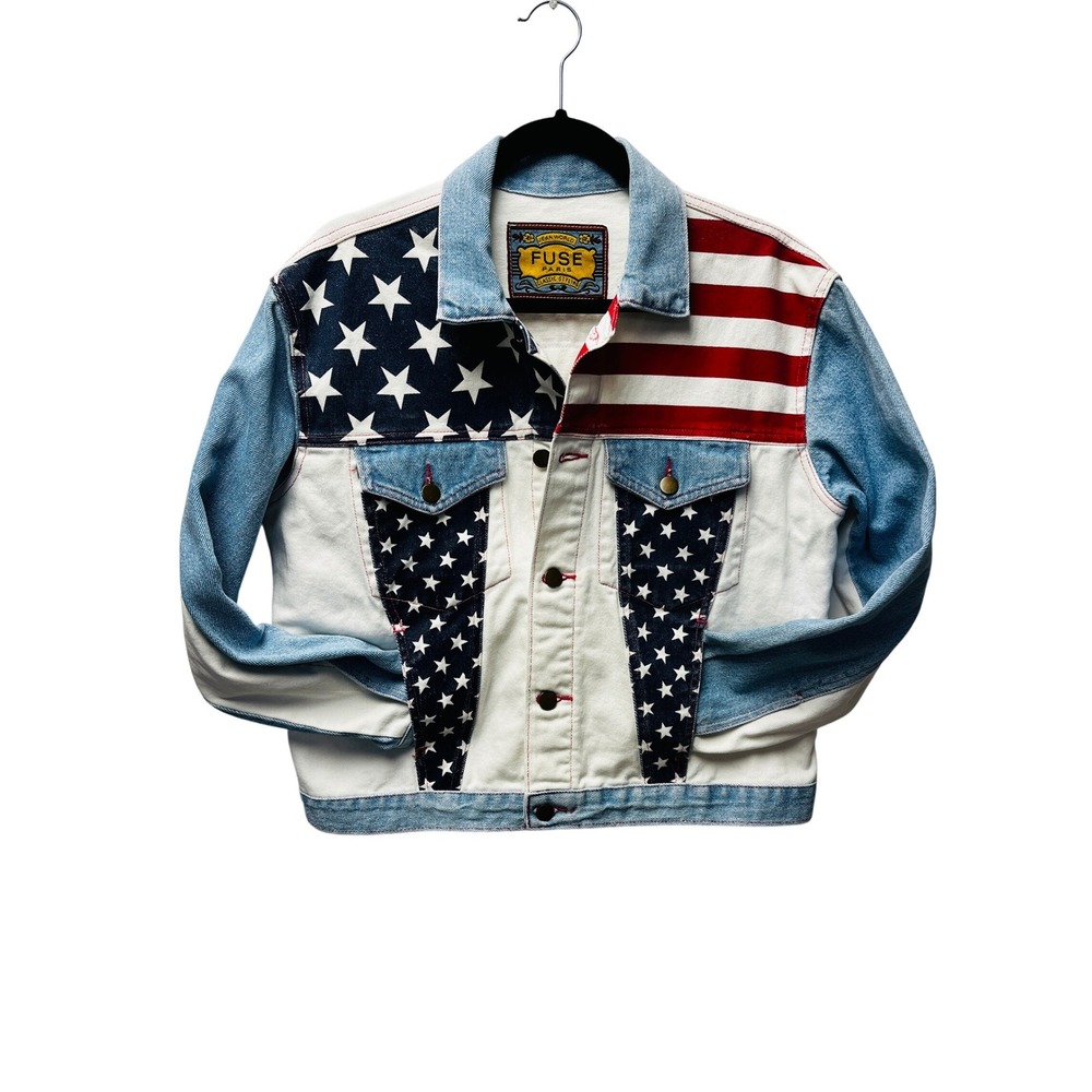 Fuse Paris M Denim Bomber Jacket USA Flag‎ Stars Stripes Trucker Moto VTG Unisex - Picture 4 of 15